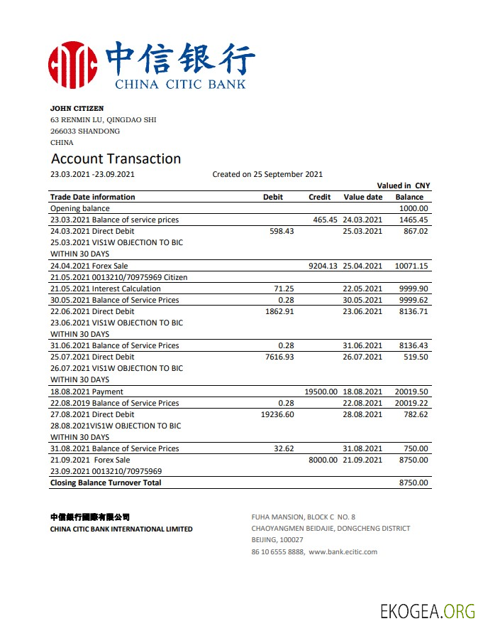 Modèle de relevé bancaire de China Citic Bank Corp facile à remplir au format Excel et PDF